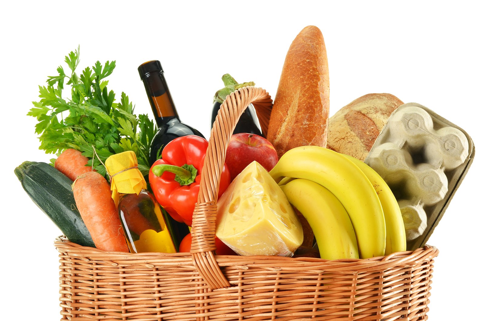 Groceries In Wicker Basket Isolated On White Groceries In Wicker Basket Isolated On White